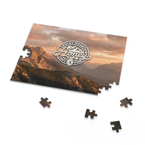 Mountain Sunset Puzzle — Rocky Mountain Honey Logo Jigsaw (120/252/500 pcs)