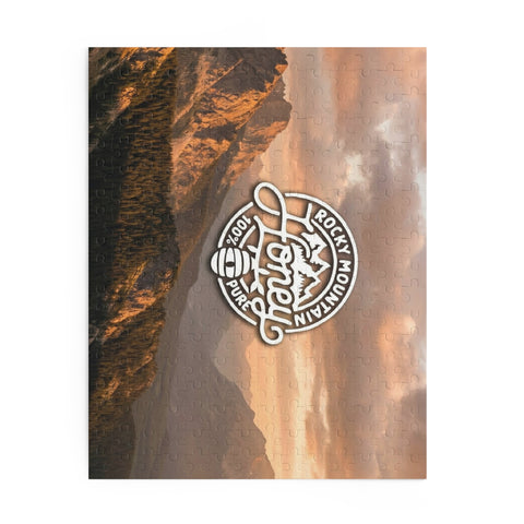 Mountain Sunset Puzzle — Rocky Mountain Honey Logo Jigsaw (120/252/500 pcs)