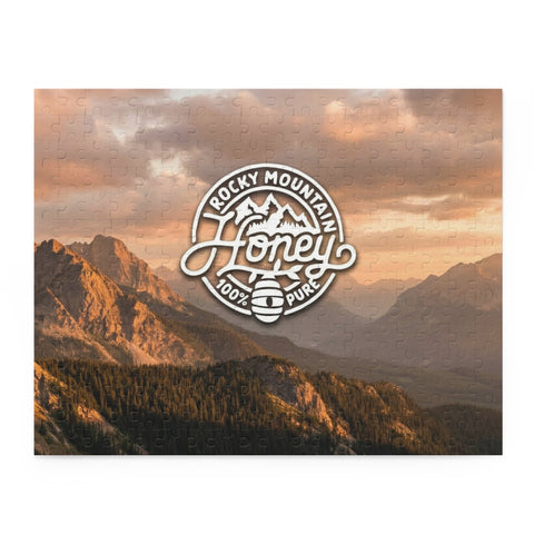 Mountain Sunset Puzzle — Rocky Mountain Honey Logo Jigsaw (120/252/500 pcs)