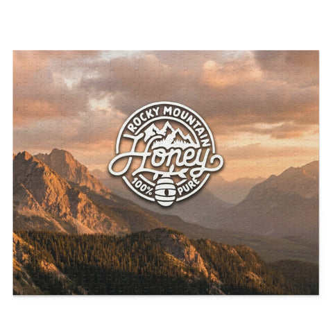 Mountain Sunset Puzzle — Rocky Mountain Honey Logo Jigsaw (120/252/500 pcs)