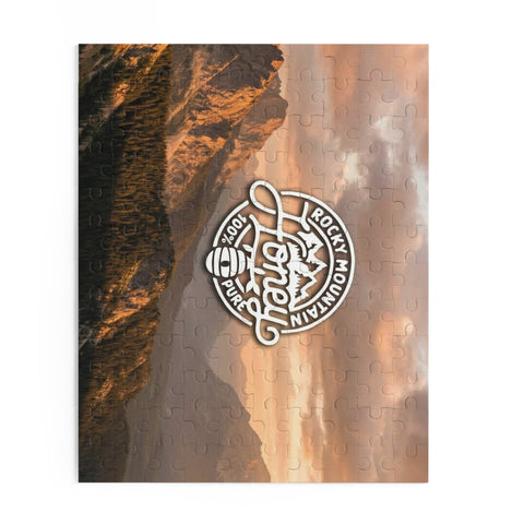 Mountain Sunset Puzzle — Rocky Mountain Honey Logo Jigsaw (120/252/500 pcs)