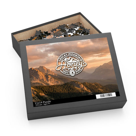 Mountain Sunset Puzzle — Rocky Mountain Honey Logo Jigsaw (120/252/500 pcs)