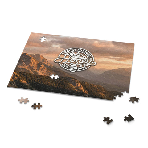 Mountain Sunset Puzzle — Rocky Mountain Honey Logo Jigsaw (120/252/500 pcs)