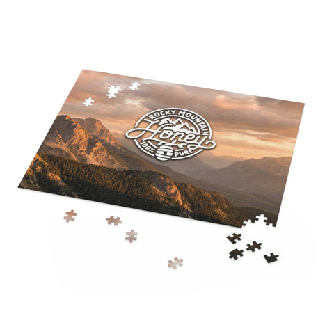 Mountain Sunset Puzzle — Rocky Mountain Honey Logo Jigsaw (120/252/500 pcs)