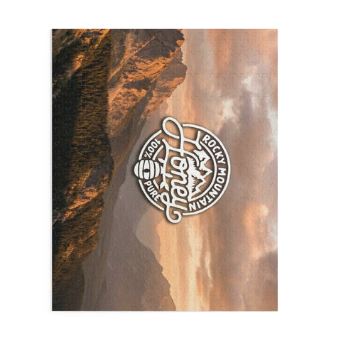 Mountain Sunset Puzzle — Rocky Mountain Honey Logo Jigsaw (120/252/500 pcs)